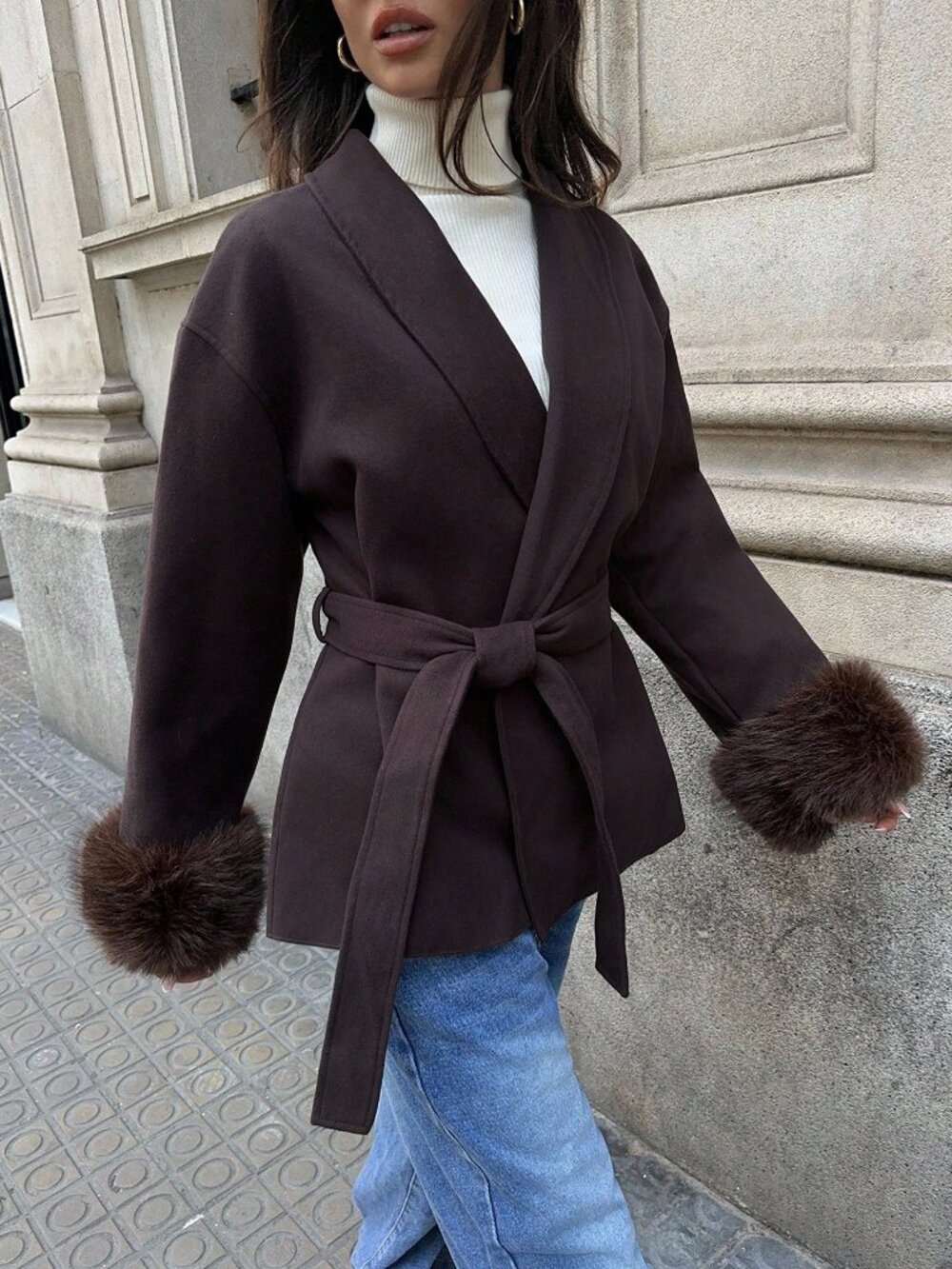 Coffee Brown Casual Women's Fuzzy Cuff Overcoat